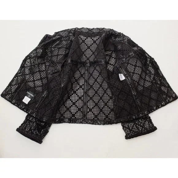Chanel Brasserie 15K jacket coat 48 / 16 faux leather PVC perforated tweed black